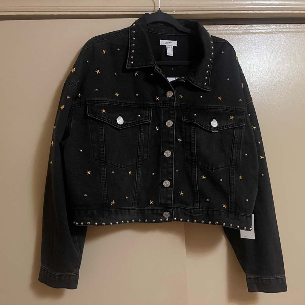 Forever 21 Black Denim Jacket with Gold Star and Silver Studs 3x Plus